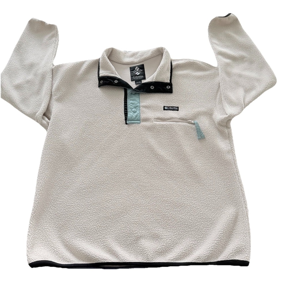 Columbia Sherpa Fleece Pullover XL Cream‎ Snap Neck Chest Pocket Teddy Jacket